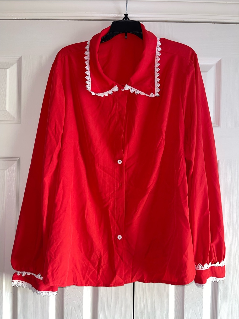 Red Women's Long-Sleeve Top with Lace Trim